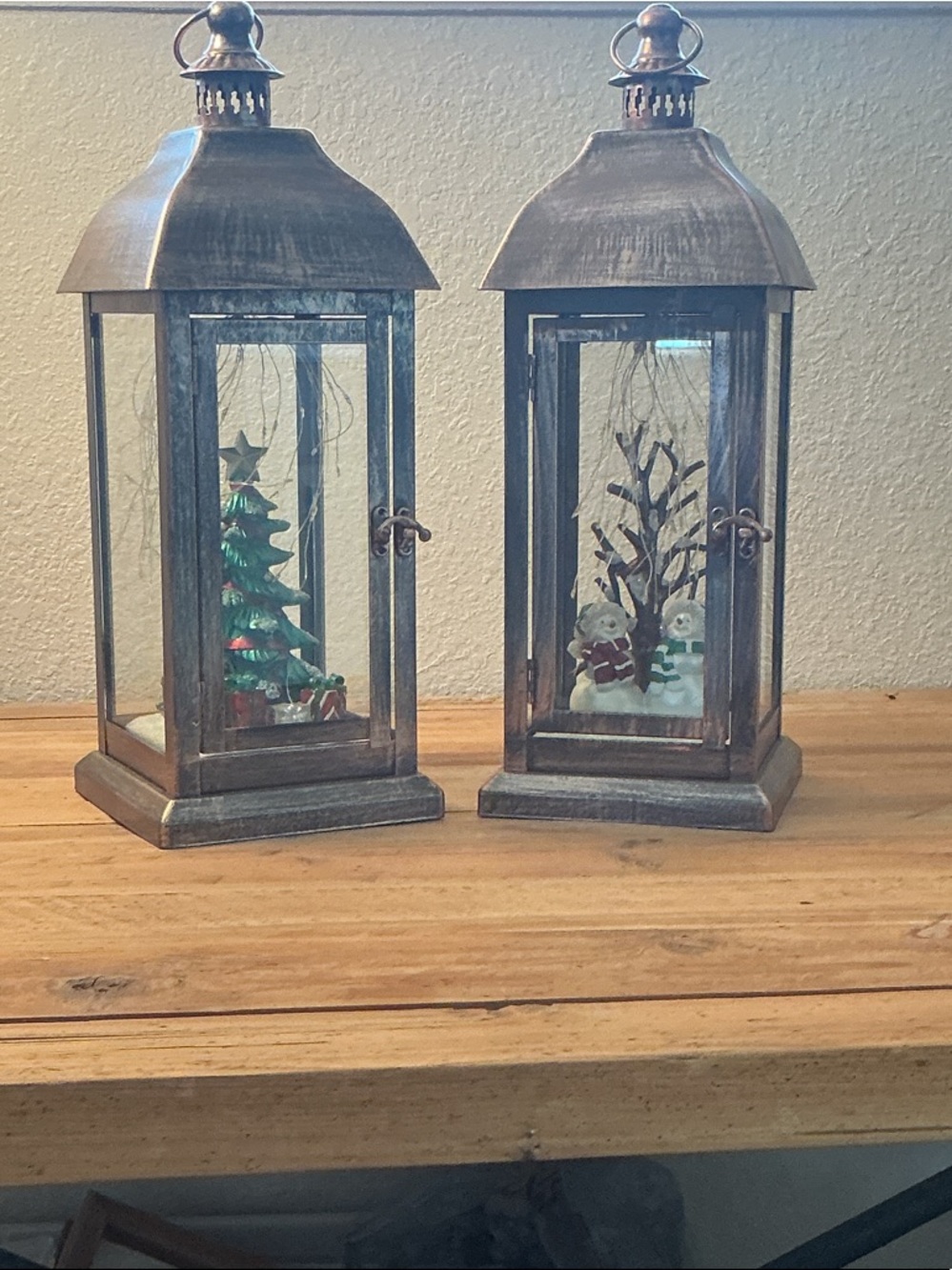 Pair of Rustic Brown Decorative Lanterns with Festive Scenes